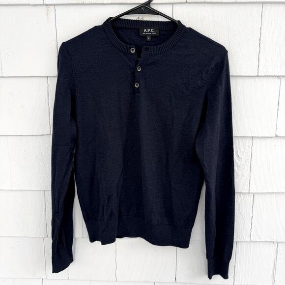 A.P.C. Henley Wool Silk Alpaca Sweater Navy Blue size Small - Picture 1 of 5